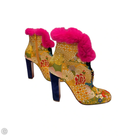 Boots Luxury Designer By Christian Louboutin In Pink & Yellow, Size: 8.5