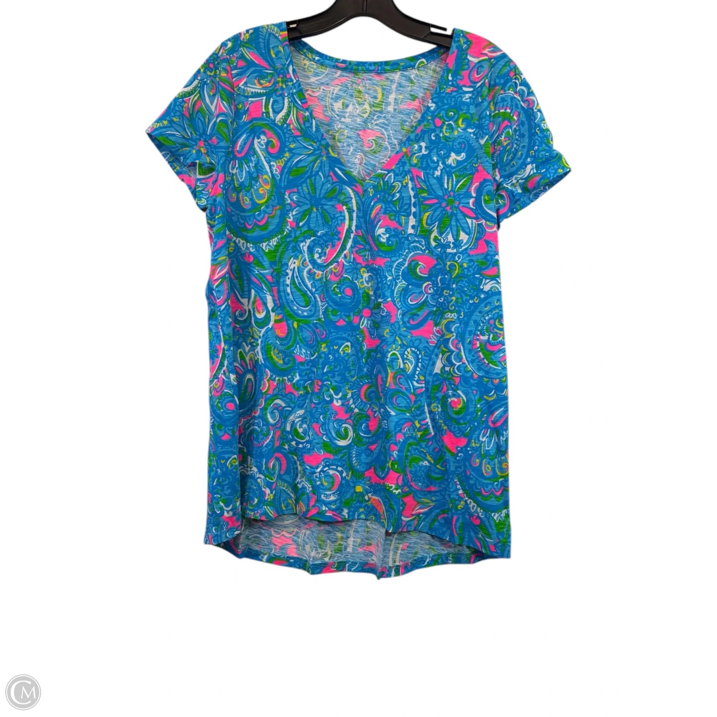 Top Short Sleeve Designer By Lilly Pulitzer In Blue & Pink, Size: L