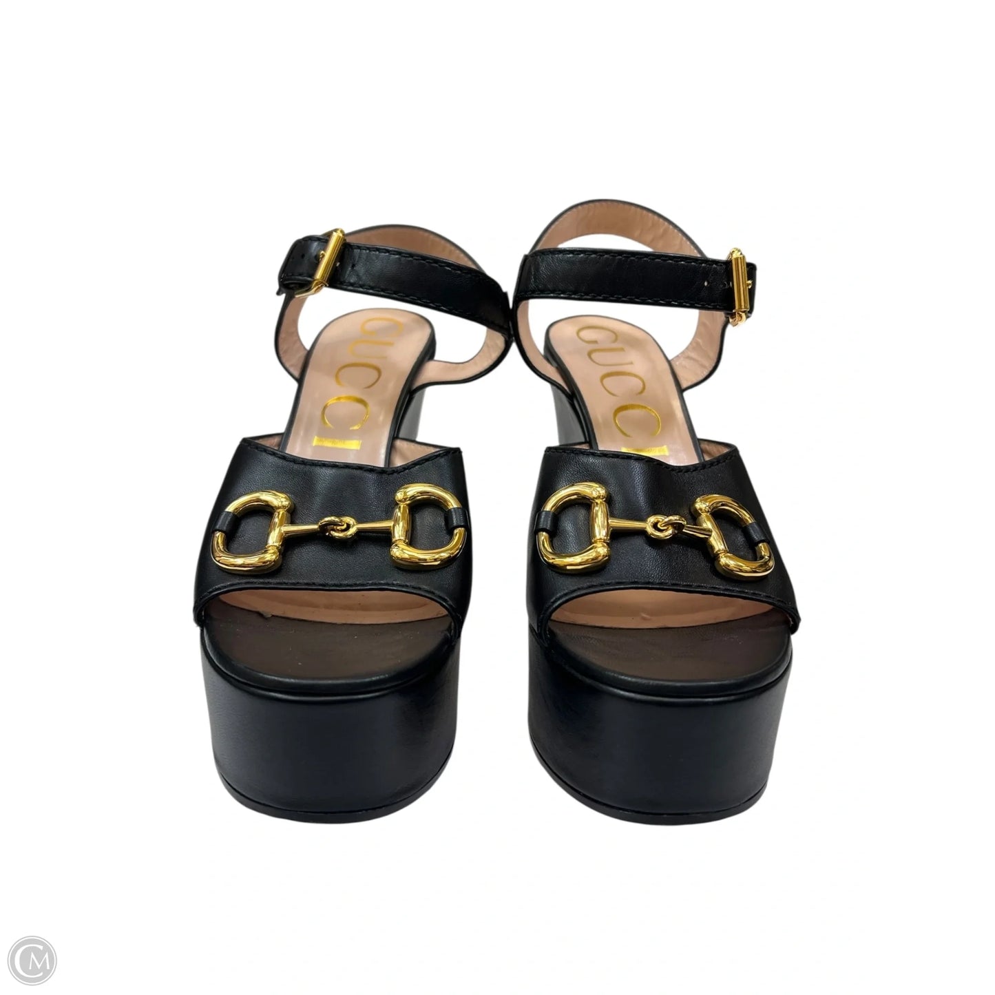 Sandals Luxury Designer By Gucci In Black & Gold, Size: 10.5