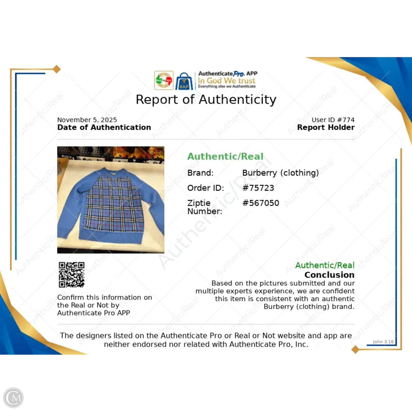 Sweater Luxury Designer By Burberry In Blue & Red & White, Size: S